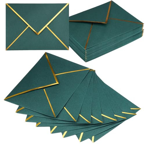 50 Stücke Goldfolienrand Einladungsumschläge C5 Größe,13.5 x 18.5cm Grüne Feuchtklebende briefumschläge mit V-förmige Öffnung, Einladung Umschläge, Edle Briefumschläge für Hochzeiten, Grußkarten