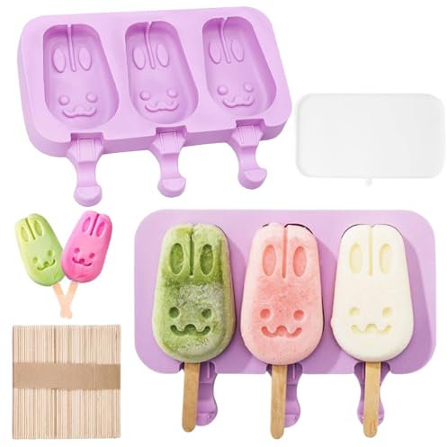 LACHT Moule glace,3 Pièces Moule à Crème Glacée en Silicone, Grands Moule à Glace avec Couvercles Violet, Moule Magnum Cake avec 50 Bâtons de Glace,moule glace