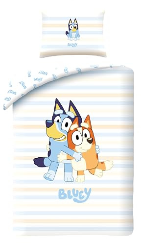 Halantex Bluey sängkläder set i 100 % bomull, barnpåslakan 140 x 200 cm och örngott, med Bluey och Bingo