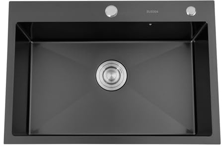 Lavello da incasso in acciaio inox 304, 65 x 45 cm, ad angolo retto, con rivestimento nano, lavandino con troppopieno, per cucina, bagno (nero)