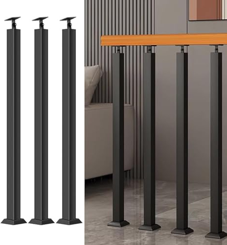 Indoor Square Railing Spindles,Stair Baluster Posts,Black Stair Railing Handrail for Deck Balcony Stair Decor,Banister Column with Flat & Adjustable 270° Angle Bracket(Size:90cm/35.4in,Color:3 Pack)