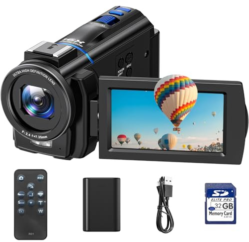 Cámara de vídeo 4K Videocamara con Zoom Digital 16X visión Nocturna, Webcam, Pantalla táctil giratoria de 3 y 270°, Camcorder Video Camera vlog con Tarjeta SD de 32 GB, Remoto, luz de Relleno