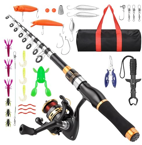 Hahorpa Caña de Pescar para Niños 36-210cm, Caña de Pescar Telescópica con Carrete, Alicates de Pesca, Agarrador de Pescado, Anzuelos y Bolsa, Regalo Ideal para Viajes, Camping y Senderismo Infantil