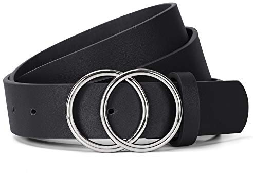 JasGood Damen Ledergürtel Mode Doppel O-Ring Schnalle Gürtel für Jeans Hosen Kleider,Schwarz/Silberne Schnalle,120cm
