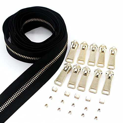 Leekayer #5 Metal Zippers Roll Bulk 2 Yards Black Zipper by The Yards with 10 pcs Sliders Light Gold Teeth Zipper for Sewing Bag Craft Backpack, Wallets, Purses Handmade