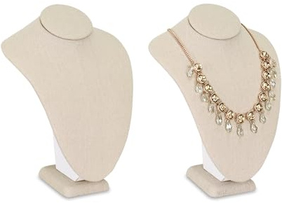 MOOCA Jewelry Display Stand, 2 Pcs Set Tan Linen Covered Wood, Necklace Bust, 7 in Height
