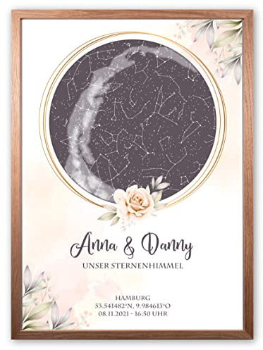 Personalisierte Sternenkarte - Sternenhimmel Poster - Ihre Sterne mit Wunschdatum und Wunschtext - Personalisiertes Geschenk Hochzeit, Verlobung, Geburtstag, Geburt, Taufe - (Rahmen optional)