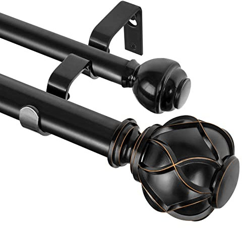 KAMANINA 1 Inch Double Curtain Rods for Windows 72 to 144 Inches (6-12 Feet), Black Heavy Duty Double Curtain Rod, Telescoping Drapery Rod with Netted Texture Finials