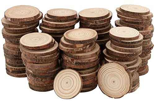 HEIHAK 120 rebanadas de madera natural de 4 a 5 cm, rebanadas de madera sin terminar con corteza, discos redondos de madera para manualidades, decoración del hogar, adornos de Navidad