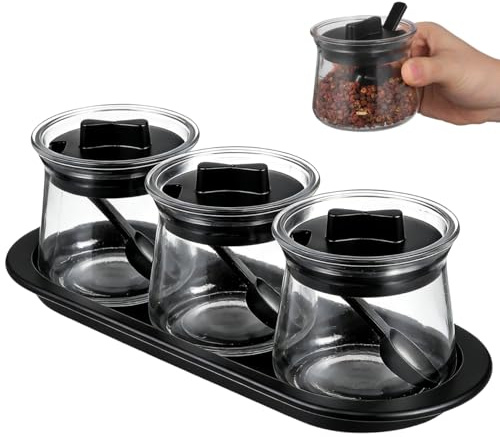Kichvoe 3Pcs Glass Condiment Jar with Lids Spoons and Tray: Clear Seasoning Canisters Condiment Box Bowl Set for Sugar Pepper Kitchen Counter Food Storage