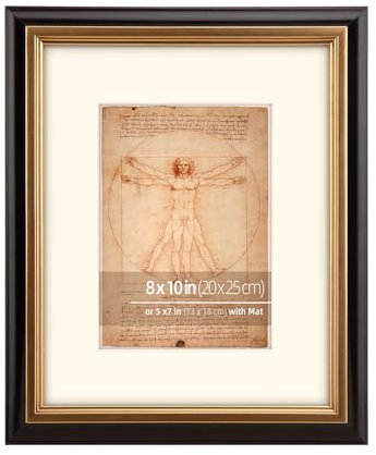 Eitida 8x10 in (20x25 cm) Black and Inner Gold Border 2 Tone Vintage Gallery Picture Frame, Solid Wood Profile, Mat Mount for 5x7 in (13x18 cm) photo, art or drawing, Real Glass Cover