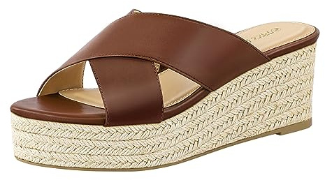 PIZZ ANNU Womens Platform Sandals Wedge Espadrille Slip on Crossover Slides Ladies Open Toe Summer Chunky Shoes Scotch Brown Size 4.5