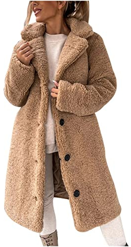 Fur Coat for Women UK Fleece Sherpa Long Jacket Warm Winter Fluffy Teddy Coats Thermal Plush Outwear Loose Oversized Cardigan Casual Plain Button Open Front Loungewear Mid Length Overcoat Ladies