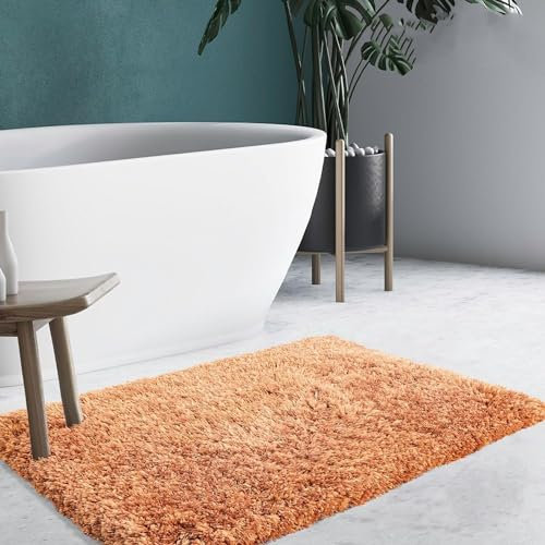 KARAT Badematte 80 x 150 cm orange weicher, Flauschiger Badezimmerteppich in Shaggy Optik, Badvorleger rutschfest waschbar | Duschvorleger, Teppich Fußmatte für Badezimmer, Dusche, (Samba Beige Amour)