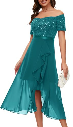 Berylove Abito da sera formale con paillettes per donna, senza spalline, matrimonio, cocktail, schiena nuda, abito da sera, Verde pavone, S