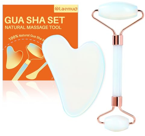 Olaemuo Opal Gua Sha y rodillo facial, juego de herramientas faciales de piedra Gua-Sha de jade real para reducir la hinchazón, herramienta Guasha corporal para aliviar la tensión del cuello