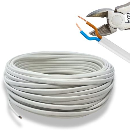 HALOTEC 25 mètres Câble électrique 2 fils 2x0.75 | H03VVH2-F | Double isolation PVC | Câble d'installation | Câble électrique | PVC | Blanc | Câble plat 2 fils | Câble deux fils