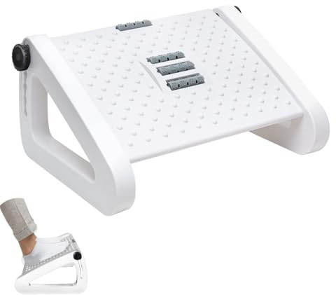 Qcdou Foot Rest Under Desk, Adjustable Office Foot Rest, Ergonomic Foot Stool with Roller Massager, Non-Slip Foot Stool for for Home Working& Office & Travel, Relieve Leg, Knee and Back(White)
