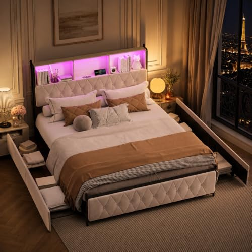 LIVLUX Lit 160x200 avec Sommier LED et USB,Lit Double rembourré avec sommier à Lattes et 4 Tiroirs,Tete de lit avec Rangement,Lits 2 Personnes pour Adultes et Adolescents, Velours (160 x 200 cm)