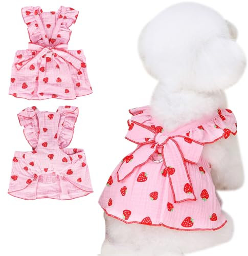 Kunyeah Mädchen-Hundekleid, Erdbeeren-Prinzessinnenkleid, Sommer, ärmellos, Welpenkleidung, Katzenschleife, Dekor-Kostüm mit Leinen-Ring, atmungsaktive Weste für kleine, mittelgroße Haustiere (Rosa,