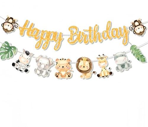 Torytoe Guirnalda de Feliz Cumpleaños, 2 piezas Guirnalda de Cumpleaños Mariposa Banderola Feliz Cumpleaños Decoración de fiesta de cumpleaños para niños, niñas, mujeres (s Animales de la selva)