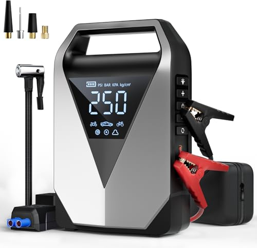 Wyxron Booster Avviamento Auto, 150PSI 6IN1 Starter Batteria Auto 3000A con Compressore per 12v Jump Starter, Starter Portatile con Schermo LCD/Qc3.0 Di Ricarica/LED(Tutti Gas/8.0l Diesel)