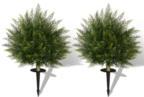 Vitalismo Set of 2 Artificial Cedar Topiary Ball Tree with Ground Spike, Indoor Outdoor Decorative Faux Shrub Bushes Plants Fake Greenery Cypress for Front Porch Garden Patio Home Office