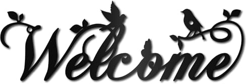CREATCABIN Panneau Mural de Bienvenue en Métal Noir Art Mural en Fer Mots Creux Silhouette D'Oiseau Panneau Décoratif Sculpture Ornement pour Porche Salon Maison Bureau Jardin Balcon 30x10cm