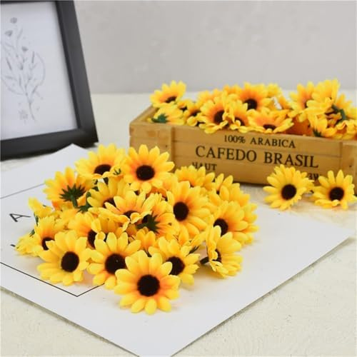 Mioaoa 100Pcs Yellow Artificial Flower Heads Mini Fake Sunflower Decorative Fabric Flowers Craft Floral Embellishments for Wreaths Wedding Home Décor Products