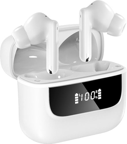 Écouteurs sans fil Hmusic H26 TWS, écouteurs intra-auriculaires avec 4 micros ENC, autonomie de 40 heures, écran LED, Bluetooth 5.4, écouteurs Bluetooth étanches IPX4 pour le sport/le travail, blanche