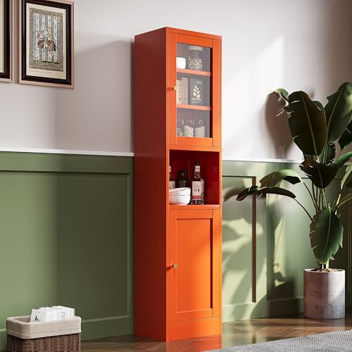 67H Tall Narrow Bathroom Storage Cabinet, Metal Cabinet, Orange Floor Cabinet,Skinny Storage Cabinets with 4 Adjustable Shelves,Slim Tall Floor Cabinet,Thin Bathroom Storage Cabinet for Living Room