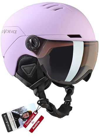 Black Crevice Kinder-Skihelm Cortina I Skihelm mit Vollvisier & Belüftung I Snowboardhelm für Jungen & Mädchen I Mit Ohrpads & Skibrillenhalterung I Größenverstellbar, Lavendel, XXS