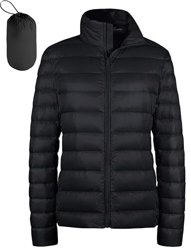 Wantdo Dam varm vinter packbar dunjacka lätt quiltad vadderad huva puffjacka vindtät berg isolerad jacka smal passform kort ytterkläder jacka, Svart, XL