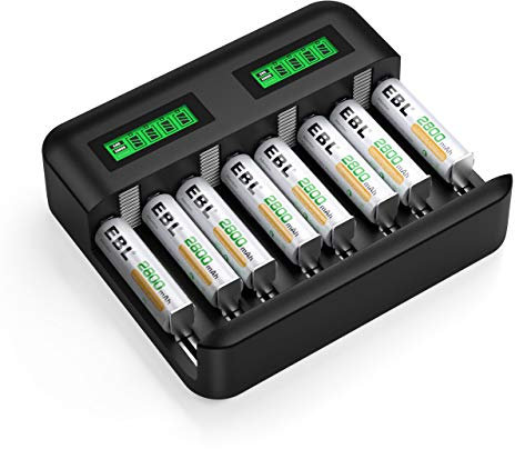 EBL Akku ladegerät für AA AAA C D NI-MH Akkus mit 8X AA 2800mAh Akku, Type C Input Schnell ladegerät, LCD Anzeige Batterienladegerät