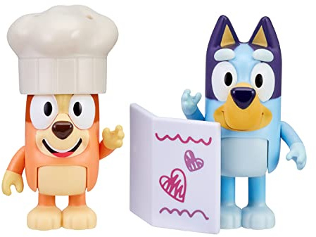 Bluey and Bingo Fancy Restaurant - Juego de 2 Figuras de acción articuladas de 2.5 Pulgadas, Incluye menú de Juguetes y Sombrero de Chef, Juguete Coleccionable Oficial