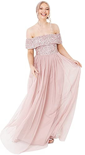 Maya Deluxe Maya Frosted Pink Bardot Embellished Maxi Dress, Vestido de Dama de Honor Mujer, Frosted Pink, 10
