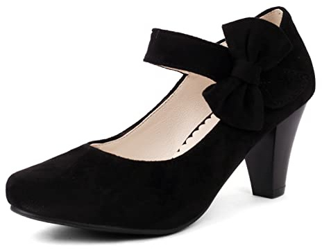 elerhythm Mary Jane Vintage Tacchi con Bow Gatsby 1950 Pumps Punta Chiusa 1920 Victorian Ankle Straps Faux Suede Scarpe (Nero UK6.5)