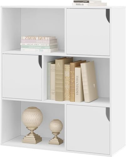 eSituro Libreria de 3 Niveles, Estanteria Almacenaje con 6 Compartimentos, con Puertas, Organizador de Libros y Juguetes para Dormitorio, Oficina o Estudio, 80x30x96 cm, Blanco, SBKC0050