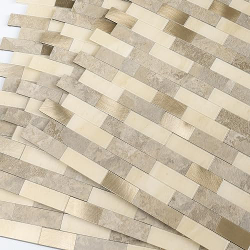 VAOVI Lot de 10 feuilles de carreaux muraux autocollants 3D - Mosaïque de brique - Crédence de cuisine, effet marbre et pierre - Panneaux muraux imperméables pour salle de bain - Beige