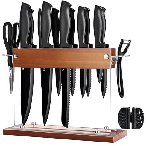 Gourmetop Set di Coltelli da Cucina con Blocco 15 Pezzi, Set di Coltelli da Cucina con Supporto in Legno e Acrilico, Coltelli Affilati con Affilacoltelli, Forbici e Pelapatate, Set di Coltelli Neri pe
