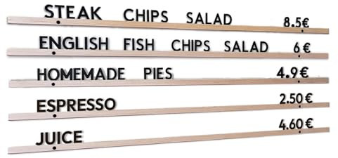 Tablero Menú para Pared de Madera - Pizarra de Letras Intercambiables - Incluye 5 Rieles y Set de 462 Letras y Símbolos - Tablero para Cafetería, Restaurante o Tienda - Personalizable y Reutilizable