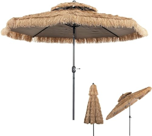 GOPLUS Sombrilla Paja Hawaiana 300 cm, Parasol de Jardin Inclinable con 8 Varillas, Sombrilla Terraza Exterior con Techo Doble para Piscina