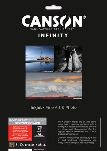 Canson Infinity Somerset Discovery Pack, Papel fotográfico digital, Liso, Grano suave, Texturizado, 225, 240, 330, 83, 89, 122, Carpeta, A4-21 x 29.7 cm, Estuche de cartón impreso, Blanco, 8 hojas
