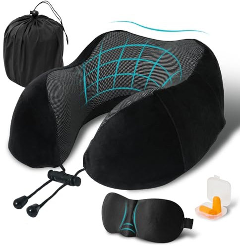 FANHOMAS Nackenkissen Flugzeug, Reisekissen Memory Foam, U-förmiges Travel Neck Pillow Nackenhörnchen Erwachsene mit Schlafmaske und Ohrstöpsel Mitbringen für Flugzeug Auto Büro - Schwarz