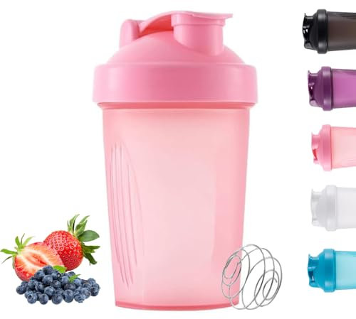 Basuit Protein Shaker Bottle, Shaker with Stainless Steel Mixing Ball, BPA- and DEHP-free, Dishwasher Safe, Leakproof Flip On Lid, Black, 400 ml(Pink)