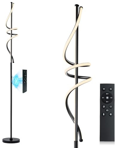 POWROL Lampada da Terra Salotto LED 48W Dimmerabile Moderno Piantana con Telecomando e Controllo Tattile 3 Temperature di Colore Spirale Design 175CM Lampada da Lettura Per Camera da Letto Nero