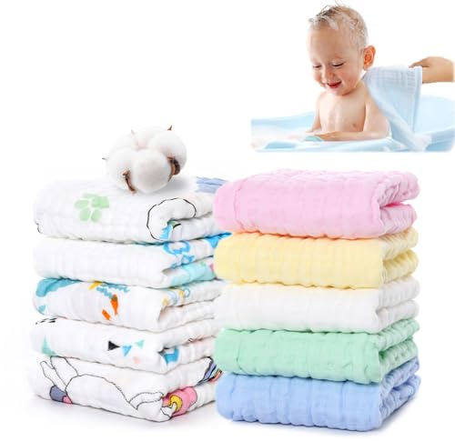 WYTNB 25x25cm Cuadros de Muselina de Bebes Pequeños Reutilizables, 10Pcs Toallas Transpirables de Recién Nacido de Limpieza Facial Multiuso, Toallitas de Algodón Absorbentes de Bebe Suaves para Niños