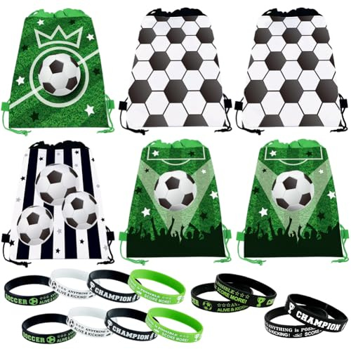 SYTTNUM 6pcs Mochila con Cordón de Fútbol, 12pcs Pulsera de Silicona Colorida, Bolsa de Regalo para Cumpleaños y Fiestas