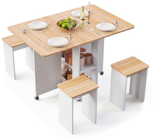 Mondeer Essgruppen, Klappbarer Esstisch mit 4 Stühlen, Esstisch Set mit Rollen und 2 Offenen Ablagen, für Kleine Räume Esszimmer Küche, 120 x 80 x 80 cm, Weiß und Roteiche