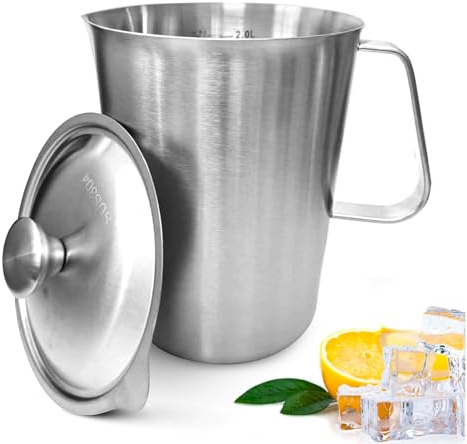 Brocca in acciaio inox con coperchio, misurino in metallo con marcatura con manico, bicchiere graduato a bocca larga da 2 l, brocca per schiumare il latte per macchine da espresso, latte art, tè